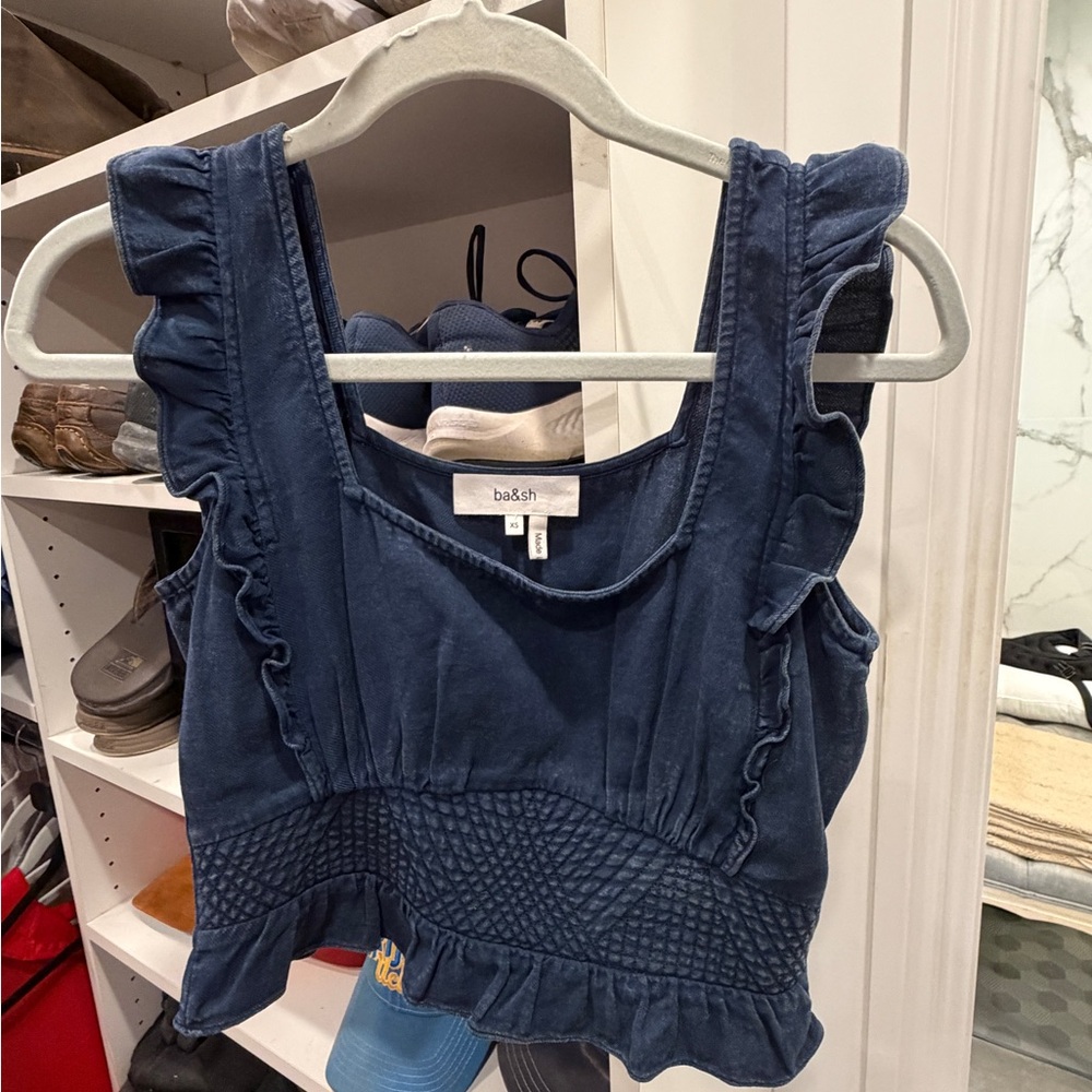 Ba&sh Deep Blue Ruffle Sleeveless Top